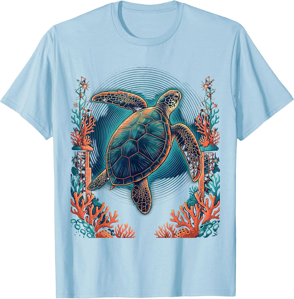 Hawaii Sea Turtle Coral Reef Illustration T-Shirt - Baby Blue