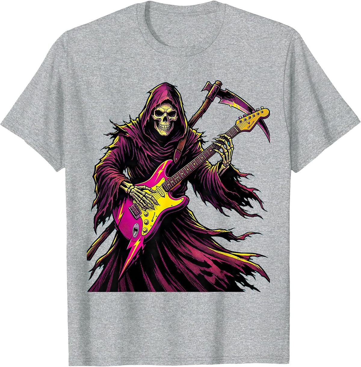 Men's Grim Reaper Electric Guitar Halloween Design T-Shirt - Heather Grey