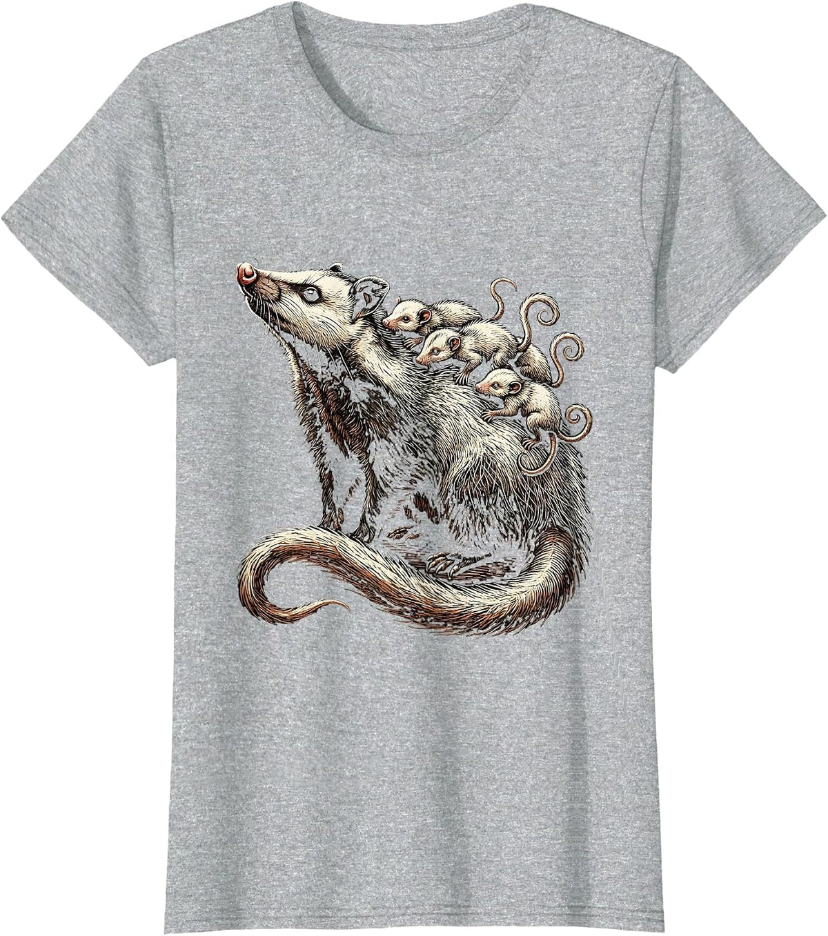 Opossum Mother and Babies Graphic Tee T-Shirt - Heather Grey