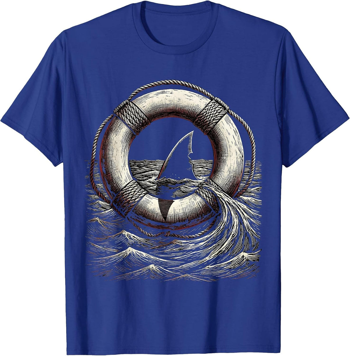 Shark Fin Circling Lifebuoy Cruise Design T-Shirt - Royal Blue