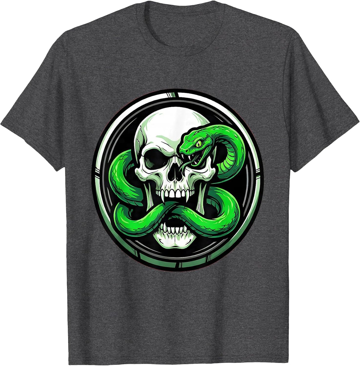 Serpent Coiled Skull Gothic Dark Art Design T-Shirt - Dark Heather Grey