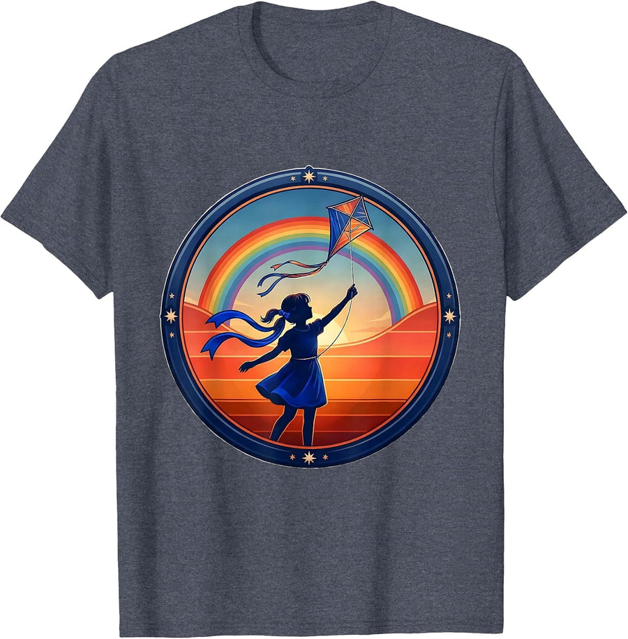 Red White and Blue Kite Flying Girl Graphic T-Shirt - Heather Blue