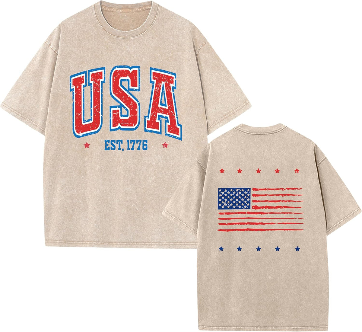 1776 American Flag Acid Washed T-Shirt Unisex Oversize Patriotic USA Tee for 4th of July 250th Anniversary - Apricot