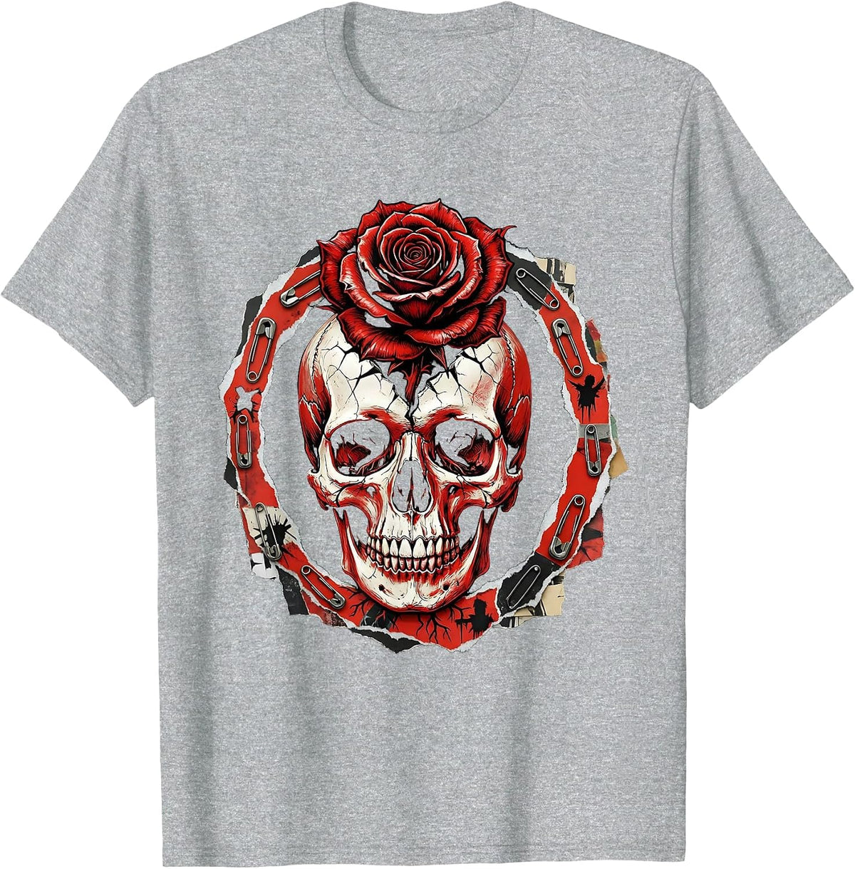 Men's Blooming Skull Punk Floral Graphic Design T-Shirt - Heather Grey