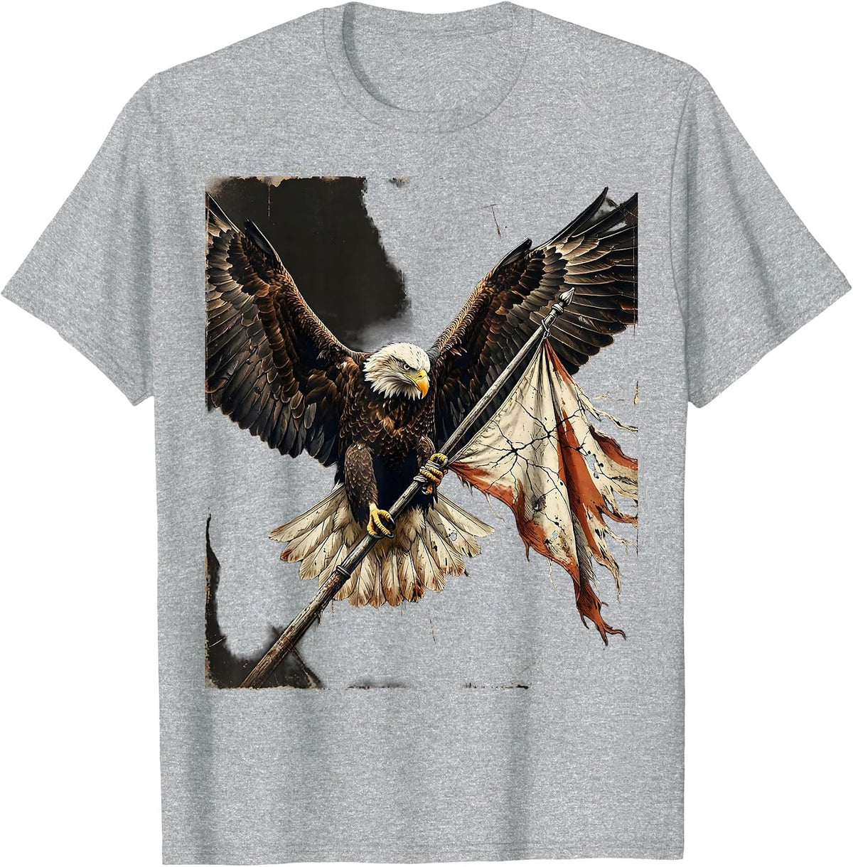 Men's Eagle Clutching Flag Pole Patriotic Illustration T-Shirt - Heather Grey