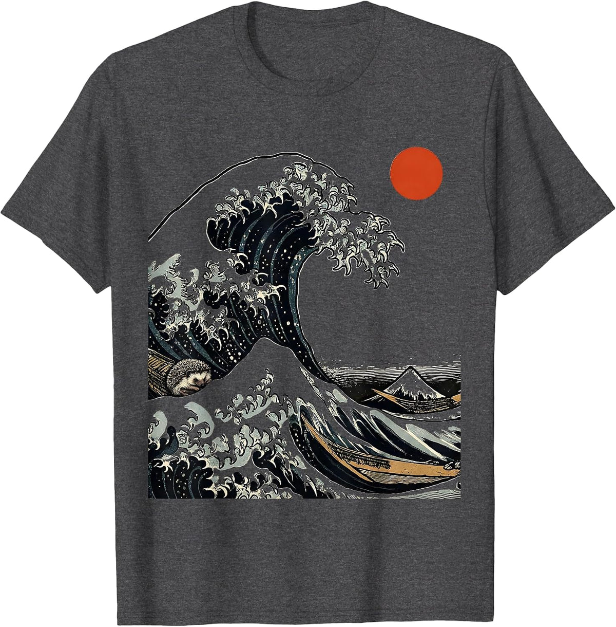 Curling Wave Hedgehog Woodcut Engraving Animal Art T-Shirt - Dark Heather Grey