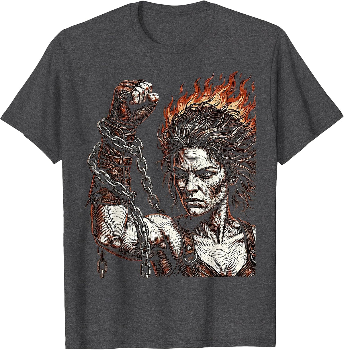 Rock Rebel Raised Fist Chains Leather Gauntlets T-Shirt - Dark Heather Grey