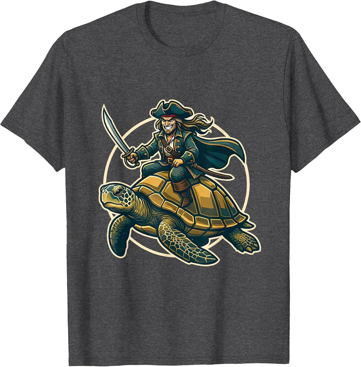 Men's Pirate Riding Giant Sea Turtle Ocean Adventure T-Shirt - Dark Heather Grey
