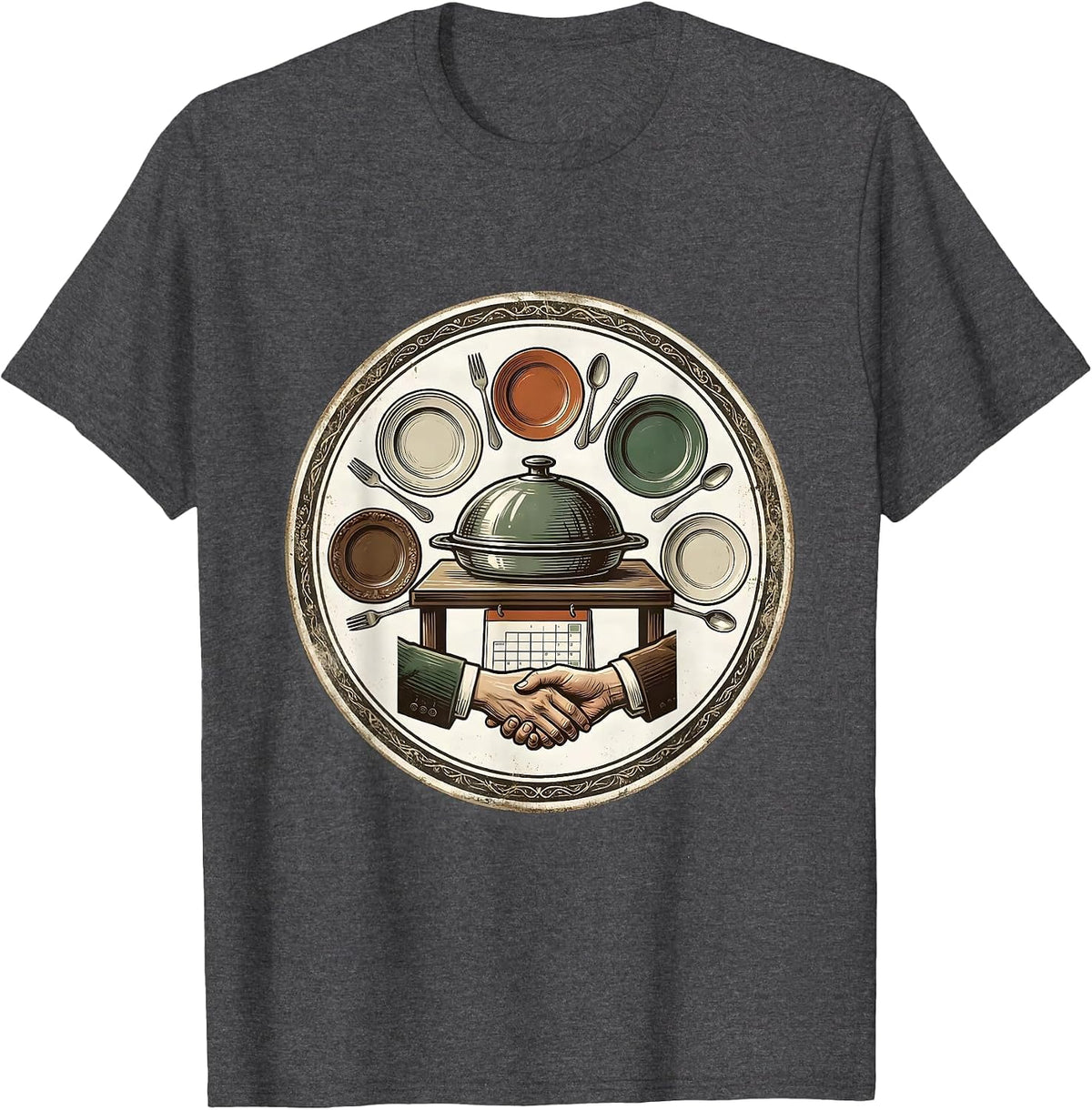 Sealed Communal Dish Vintage Friendsgiving Group Badge T-Shirt - Dark Heather Grey