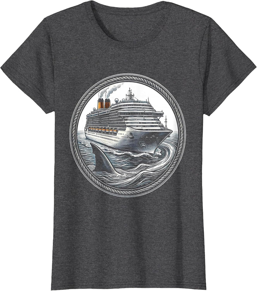 Women's Shark Fin Circling Luxury Cruise Ship T-Shirt - Dark Heather Grey