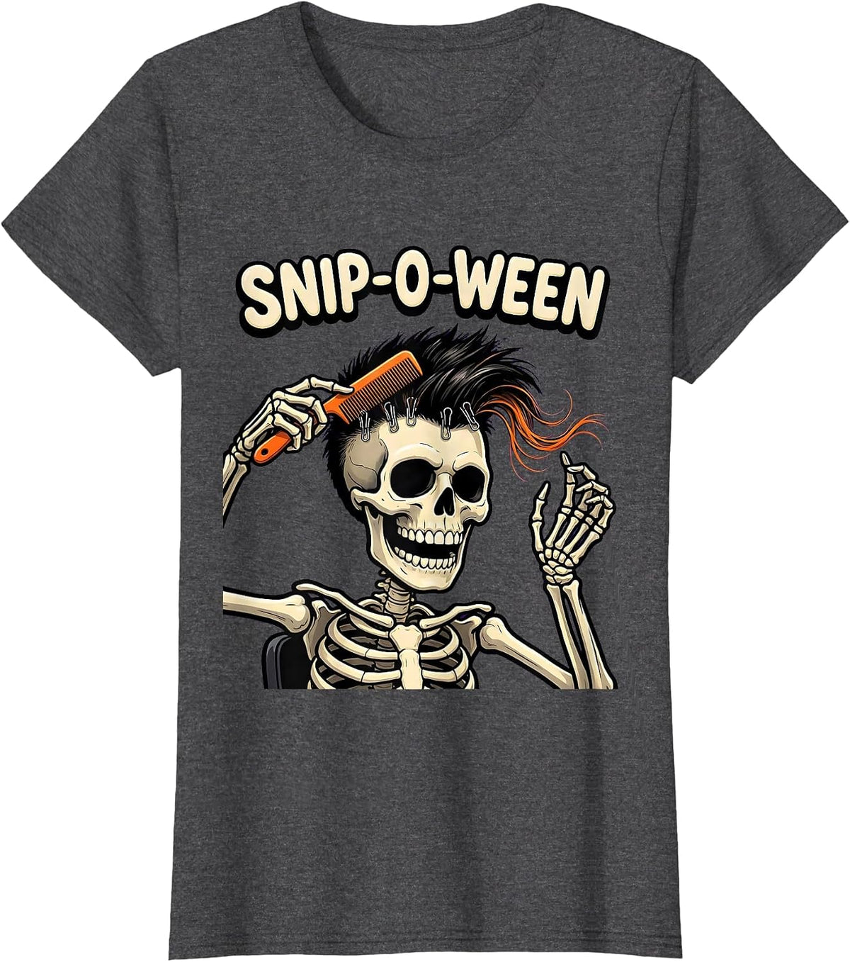 Women's Snip-o-Ween Cartoon Skeleton Hairstylist Halloween Barber T-Shirt - Dark Heather Grey