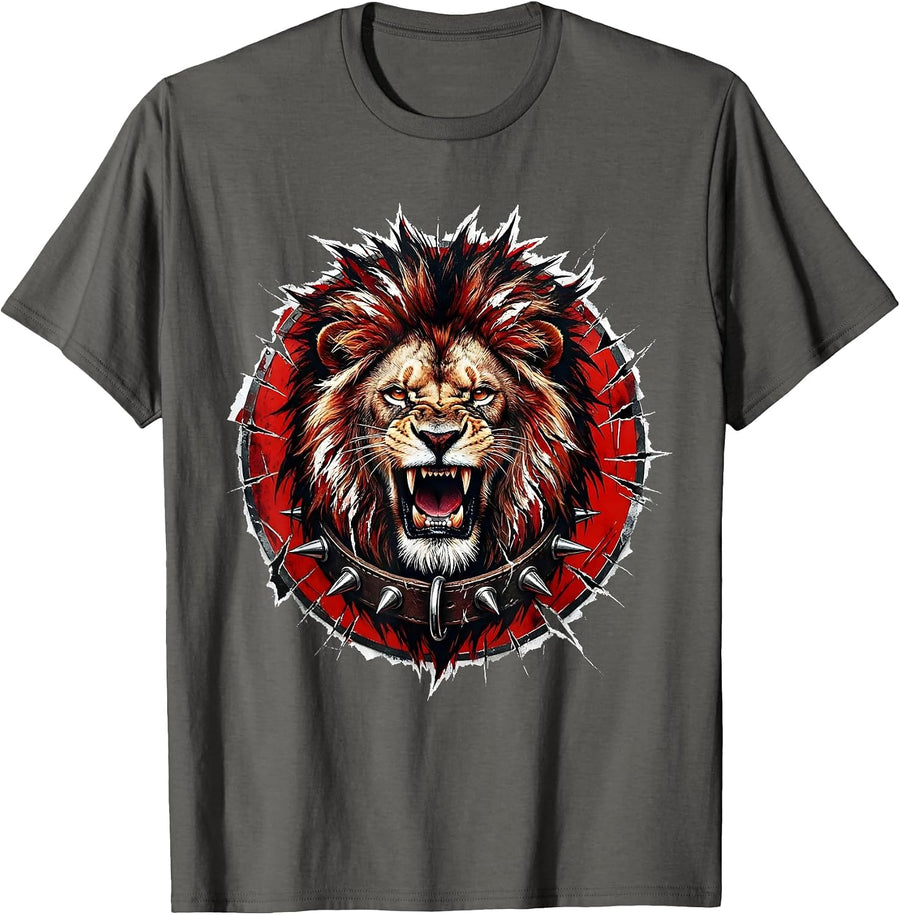 Roaring Lion Spiked Collar Rock and Roll Design T-Shirt - Asphalt Grey