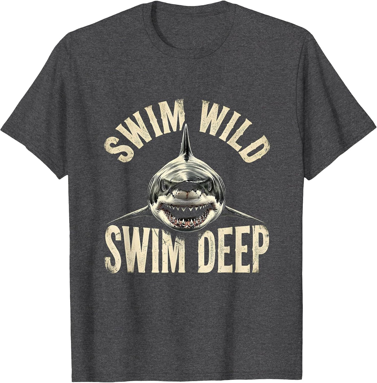 Men's Swim Wild Swim Deep Shark Graphic Design T-Shirt - Dark Heather Grey