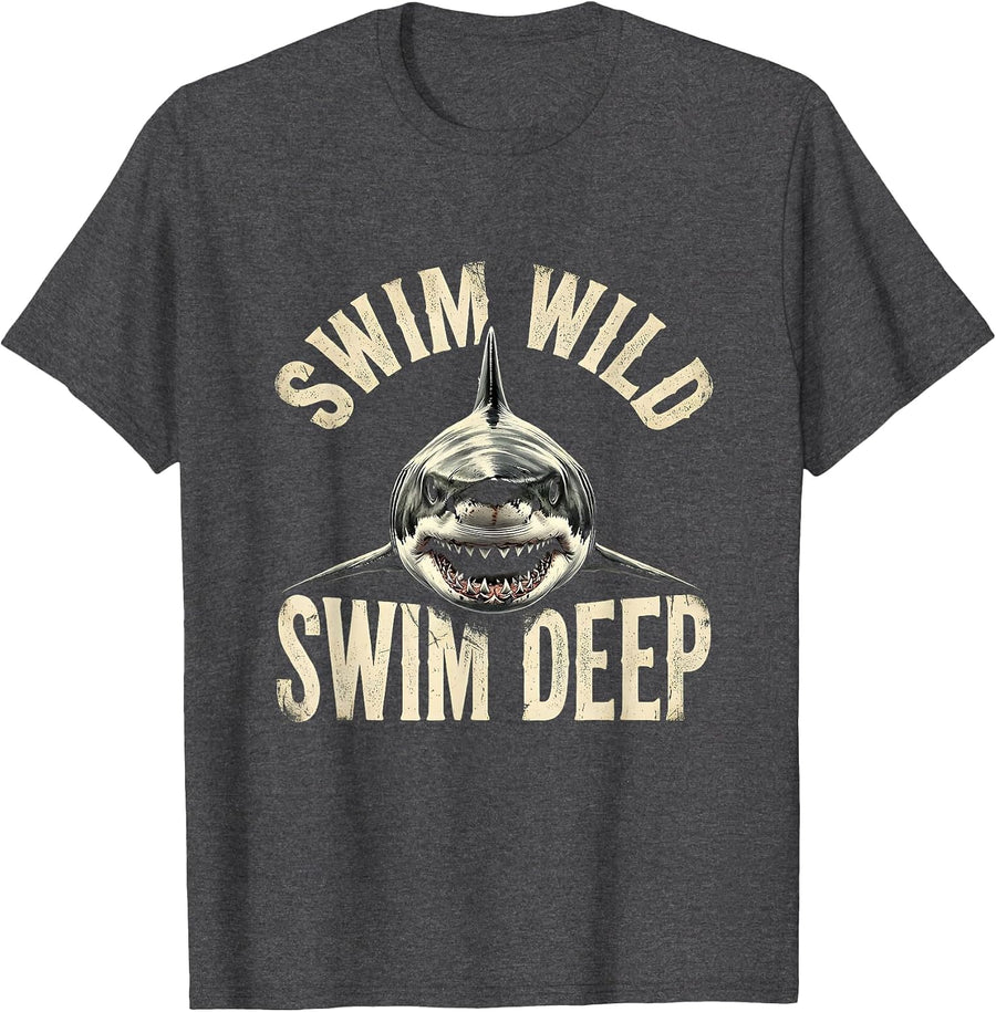 Men's Swim Wild Swim Deep Shark Graphic Design T-Shirt - Dark Heather Grey