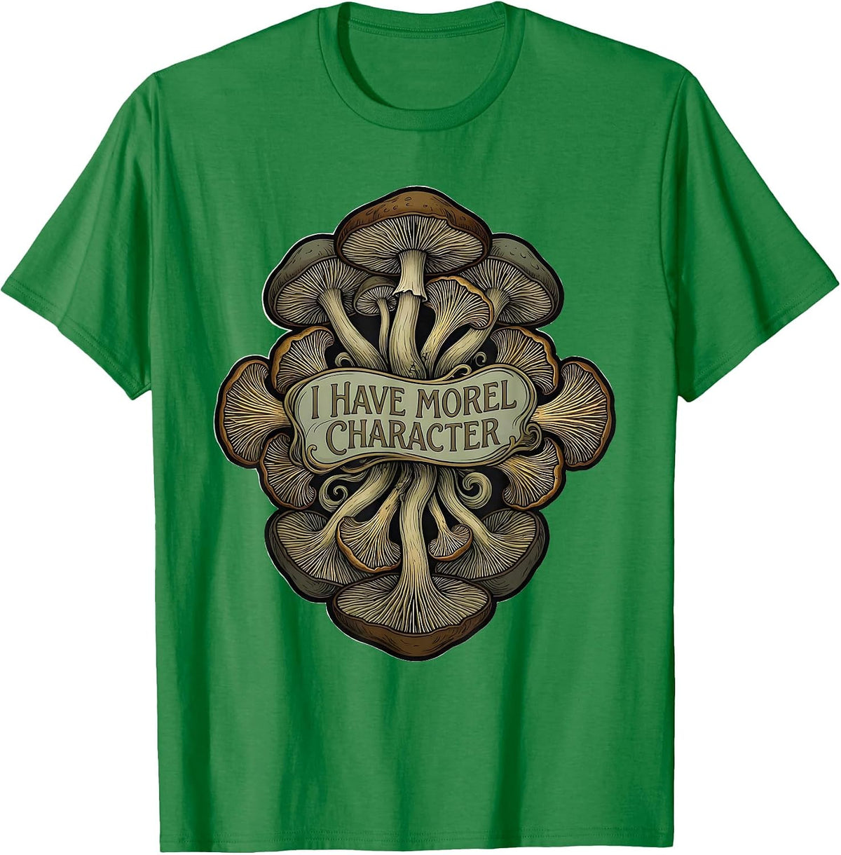 Men's I Have Morel Character Art Nouveau Mushroom Foraging Humor T-Shirt - Kelly Green