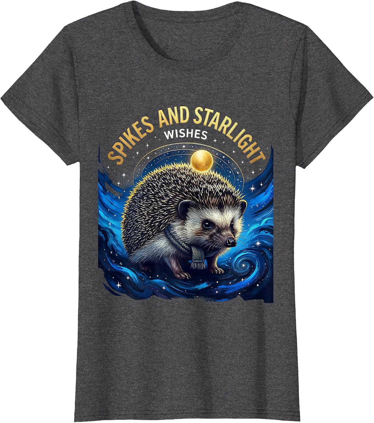 Women's Spikes And Starlight Wishes Cosmic Hedgehog Van Gogh Parody T-Shirt - Dark Heather Grey