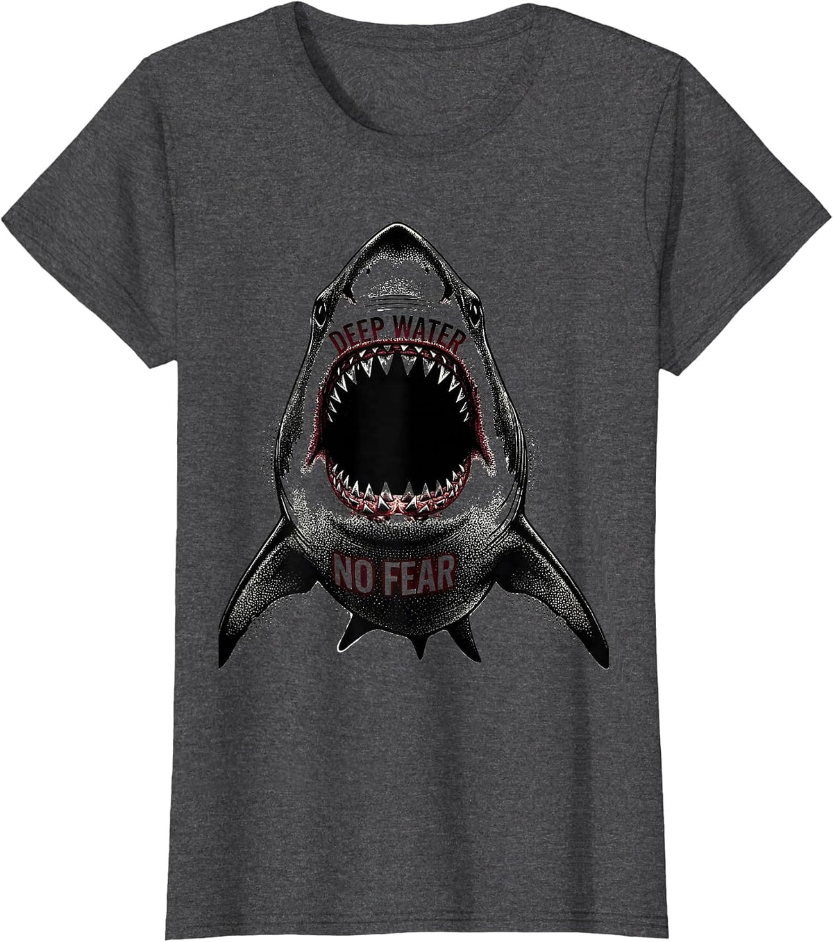 Women's Deep Water No Fear Bold Shark Design T-Shirt - Dark Heather Grey