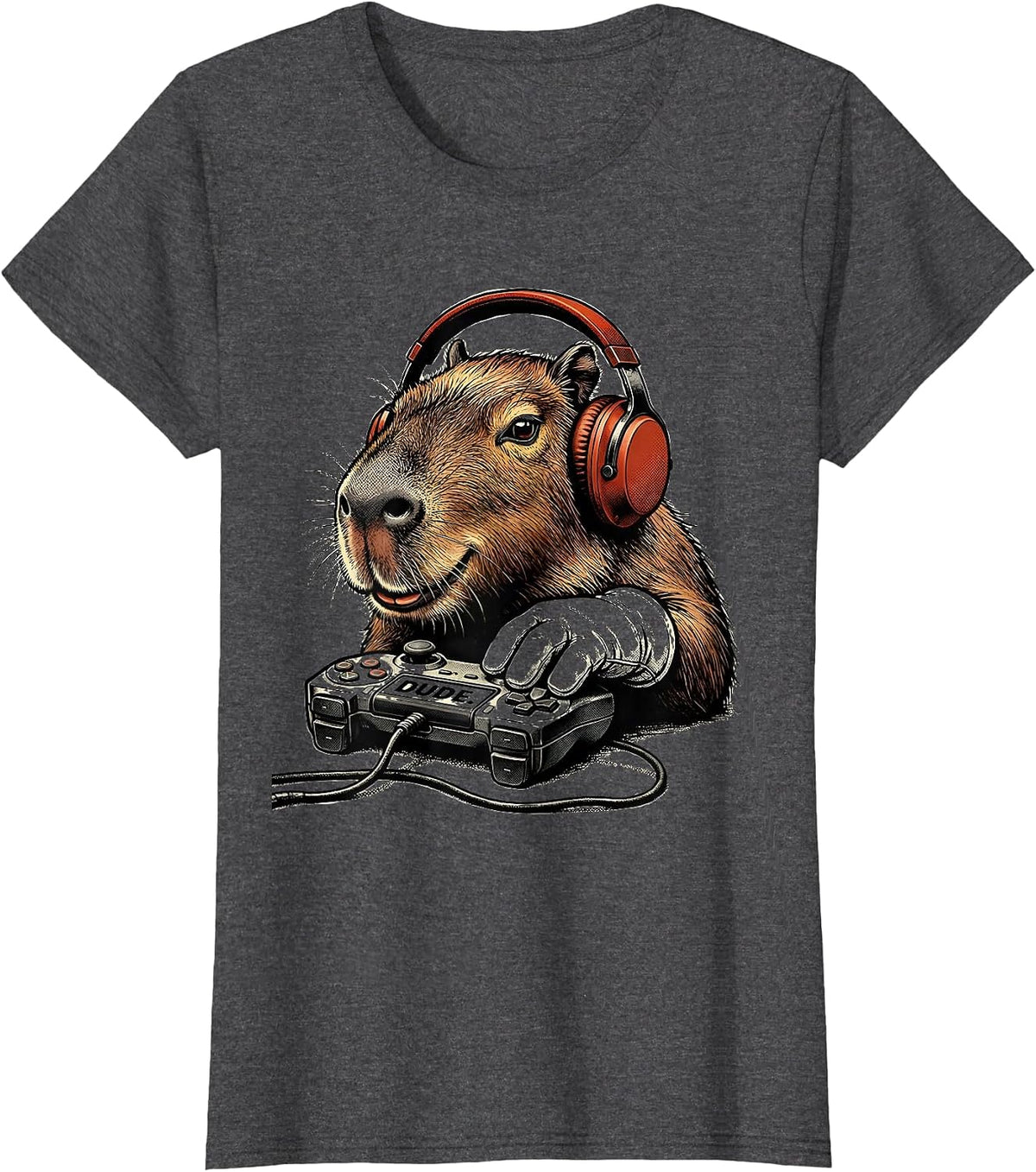 Women's Dude Retro Cartoon Capybara Gamer Meme Humor Video Games T-Shirt - Dark Heather Grey