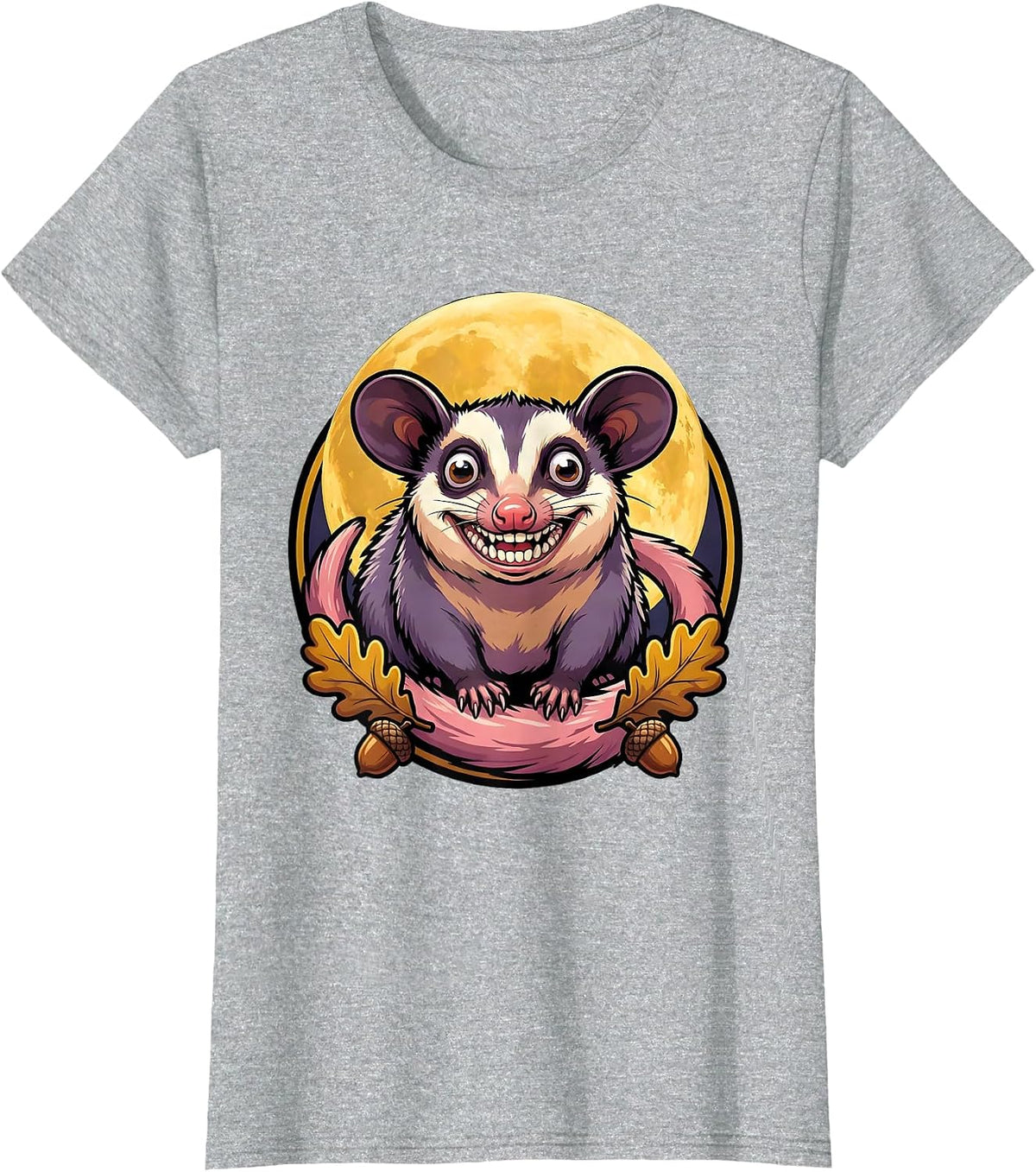 Opossum Foraging Under Full Moon Night Art T-Shirt - Heather Grey