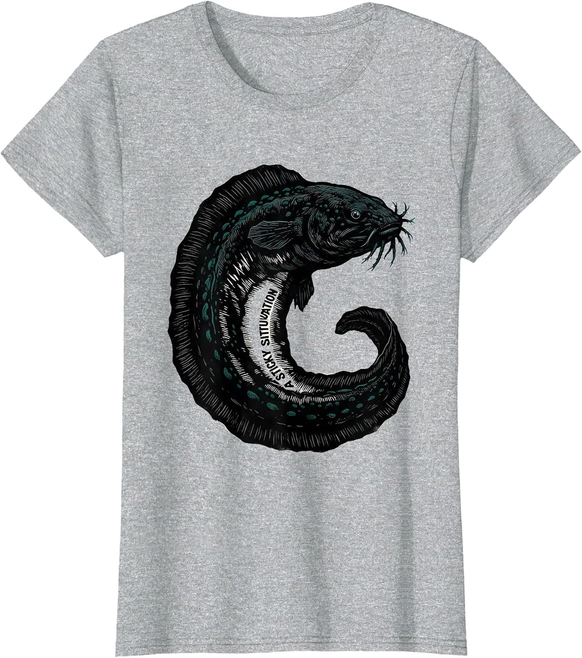 A Sticky Situation Linocut Shark Humor Ocean Wildlife T-Shirt - Heather Grey