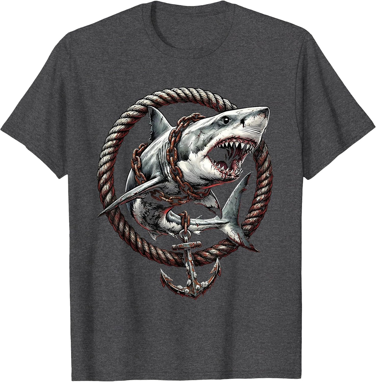 Men's Shark With Anchor Chain Wrapped Around Body T-Shirt - Dark Heather Grey