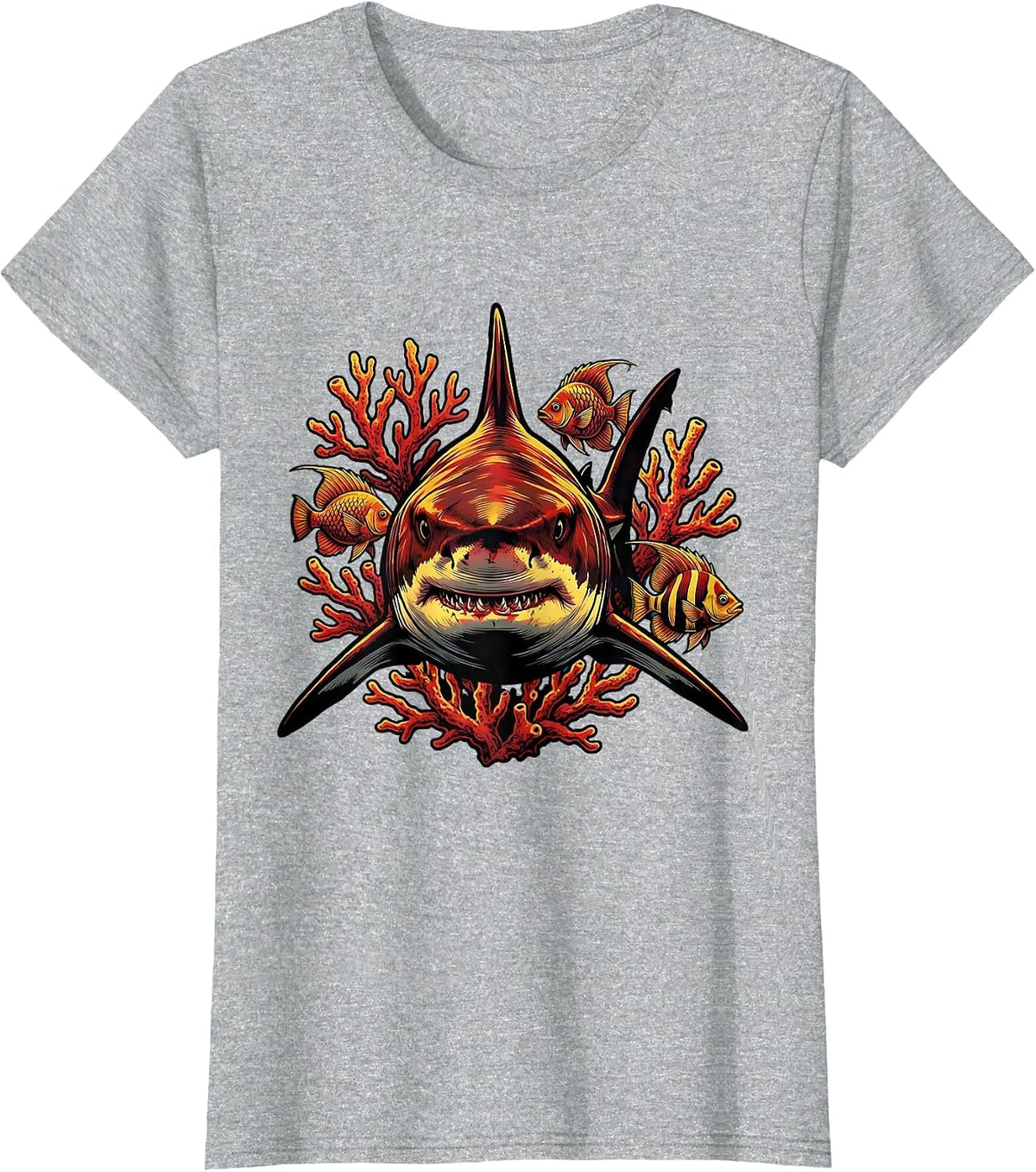Women's Bull Shark Coral Reef Illustration T-Shirt - Heather Grey