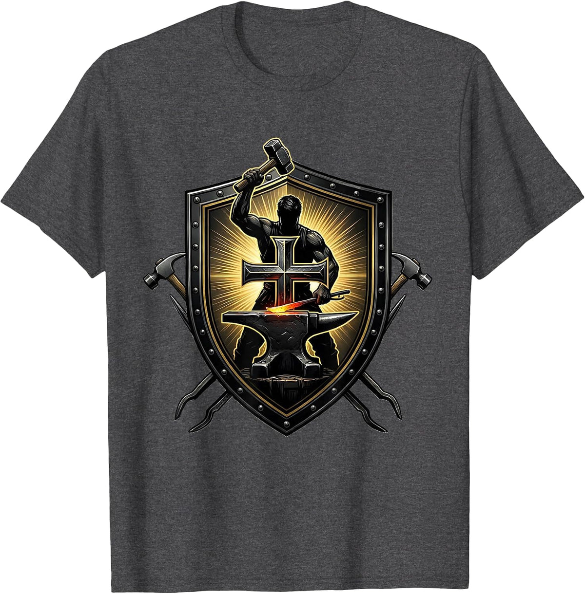Blacksmith Iron Cross Anvil Christian Graphic T-Shirt - Dark Heather Grey
