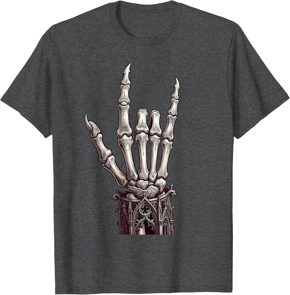 Skeletal Devil Horns Punk Rock Hand Sign T-Shirt - Dark Heather Grey