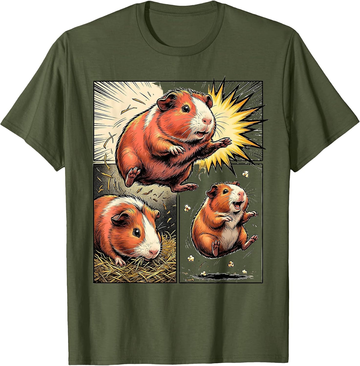 Men's Guinea Pig Comic Book Hero Leap Cavy Lover Humor T-Shirt - Olive Green