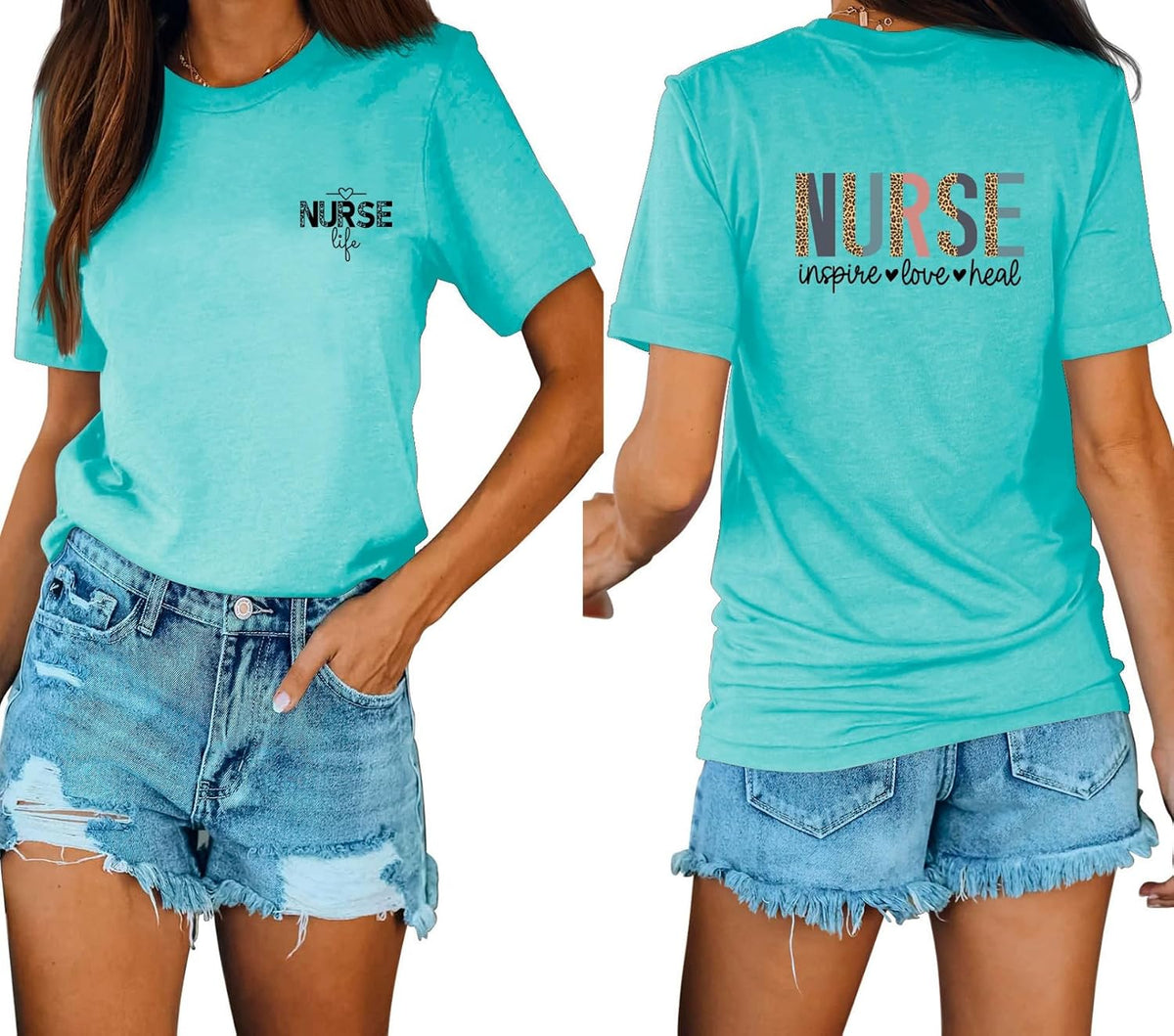 (1PC Printed Front and Back) Nurse Life Shirt Womens Funny Letter Printed Tee School Nursing Short Sleeve - Sky Blue
