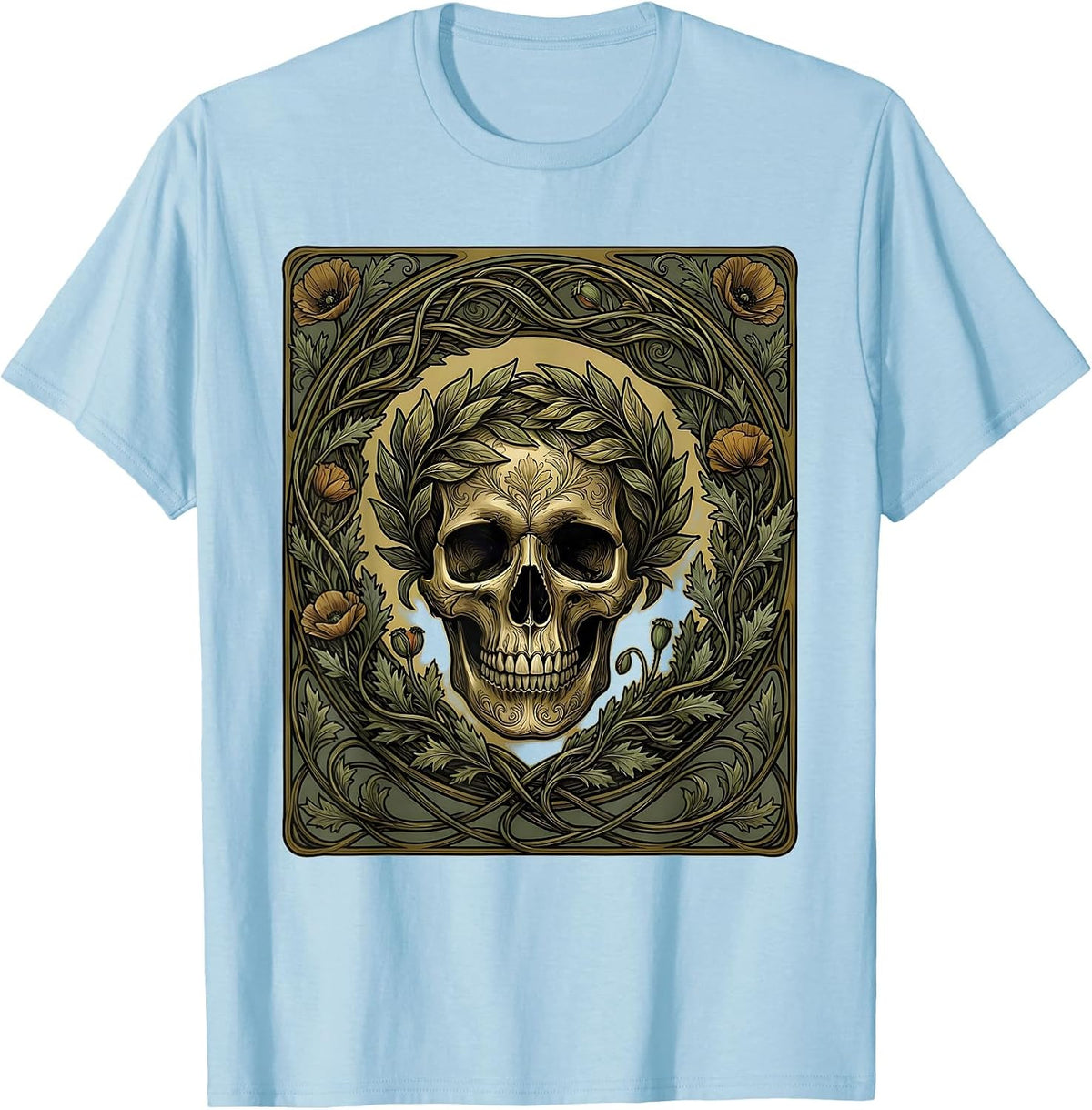 Men's Renaissance Skull Laurel Wreath Crown Art Design T-Shirt - Baby Blue