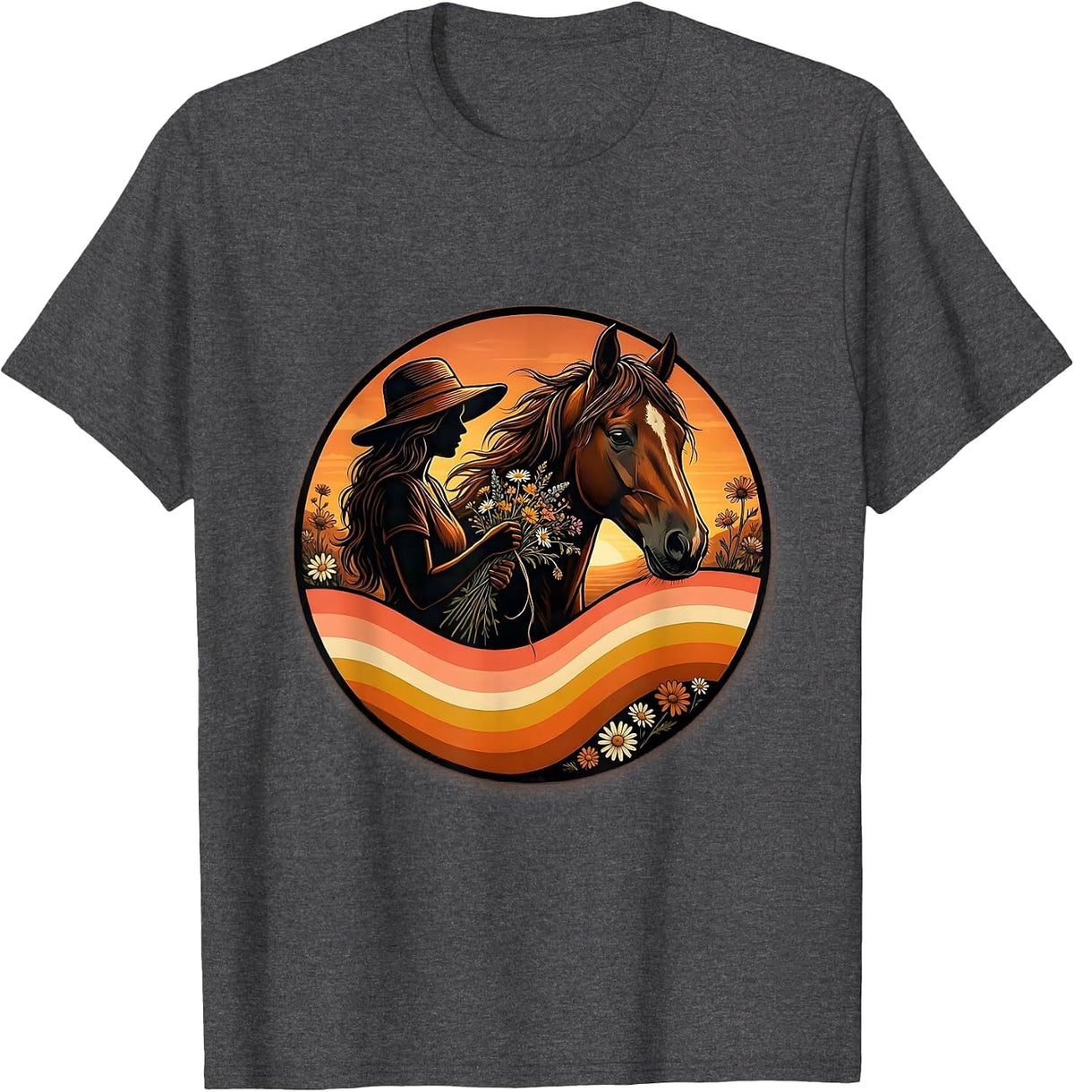 Cowgirl Braiding Horse Mane With Wildflowers T-Shirt - Dark Heather Grey