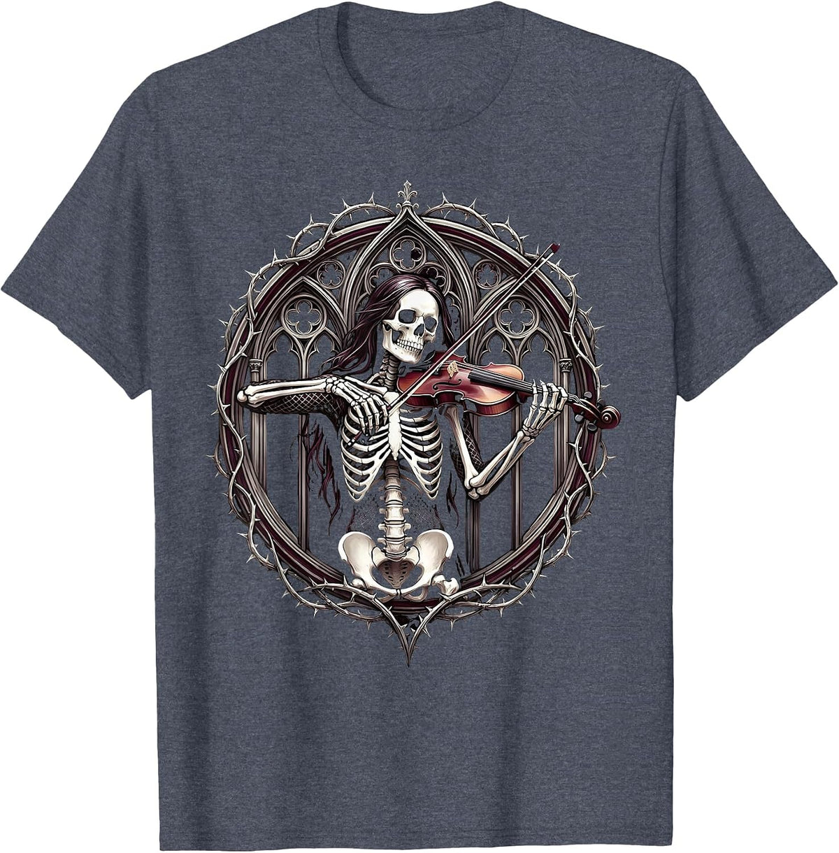 Skeletal Violinist Rock Band Fishnet Graphic T-Shirt - Heather Blue