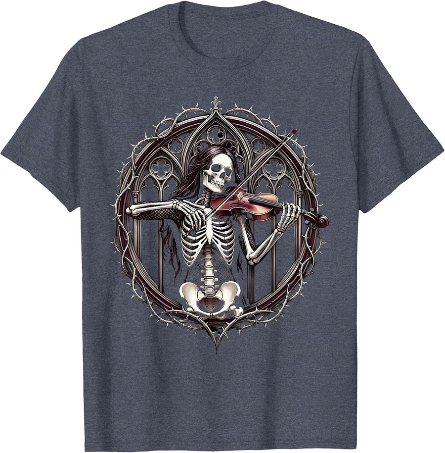 Skeletal Violinist Rock Band Fishnet Graphic T-Shirt - Heather Blue