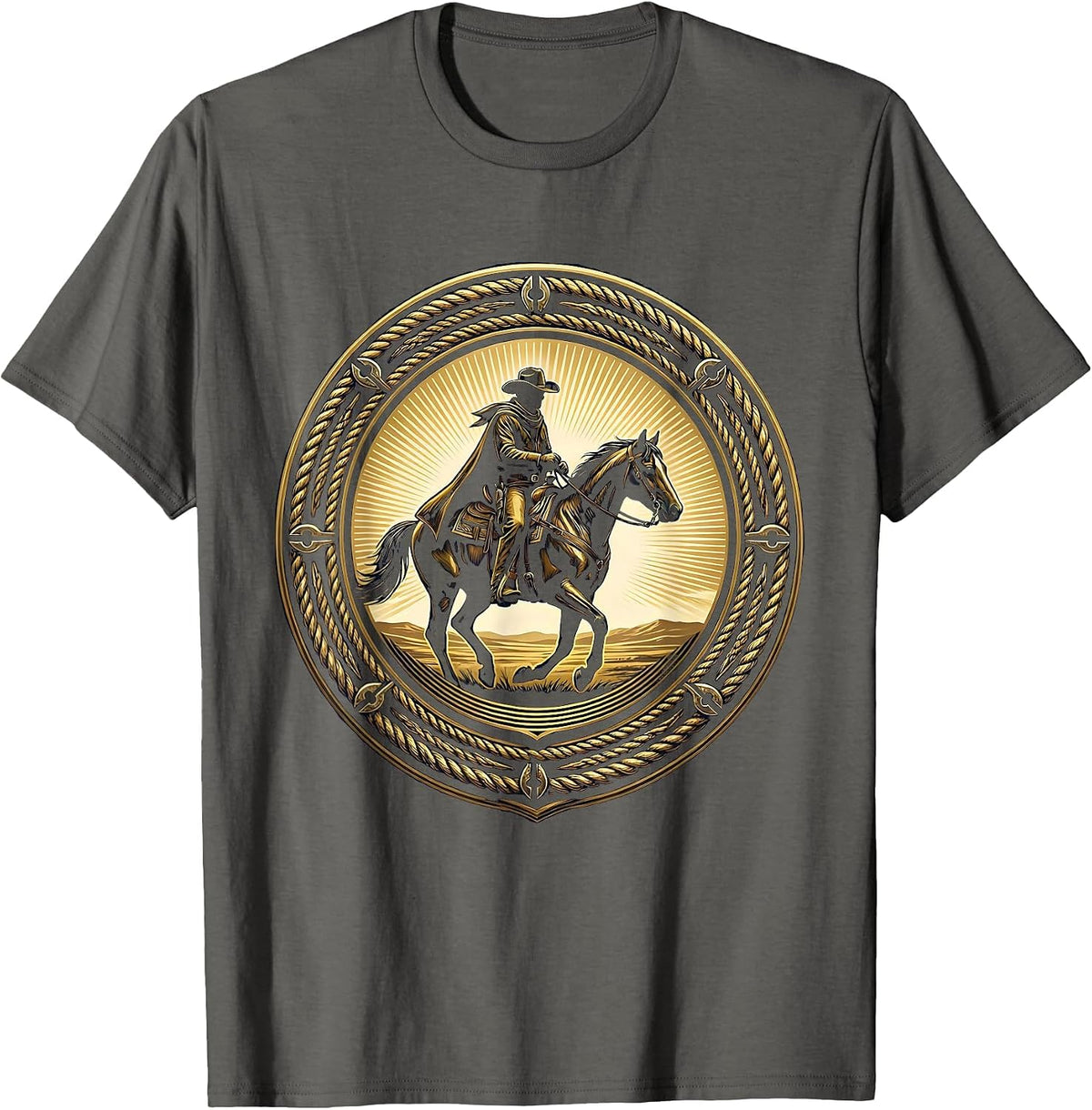 Men's Lone Cowboy Riding Horse at Sunset Western Art T-Shirt - Asphalt Grey