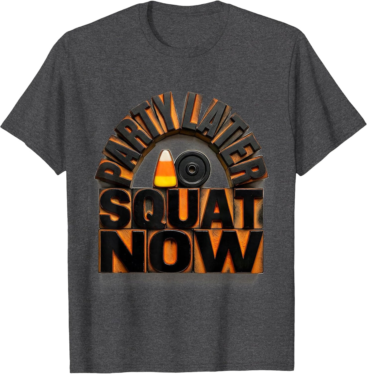 Party Later, Squat Now Funny Halloween Gym Workout T-Shirt - Dark Heather Grey