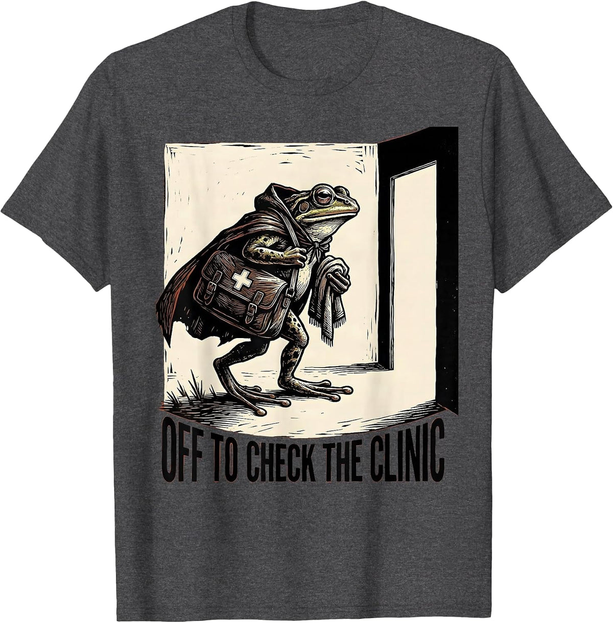 Off To Check The Clinic Linocut Frog Teacher Back to School T-Shirt - Dark Heather Grey