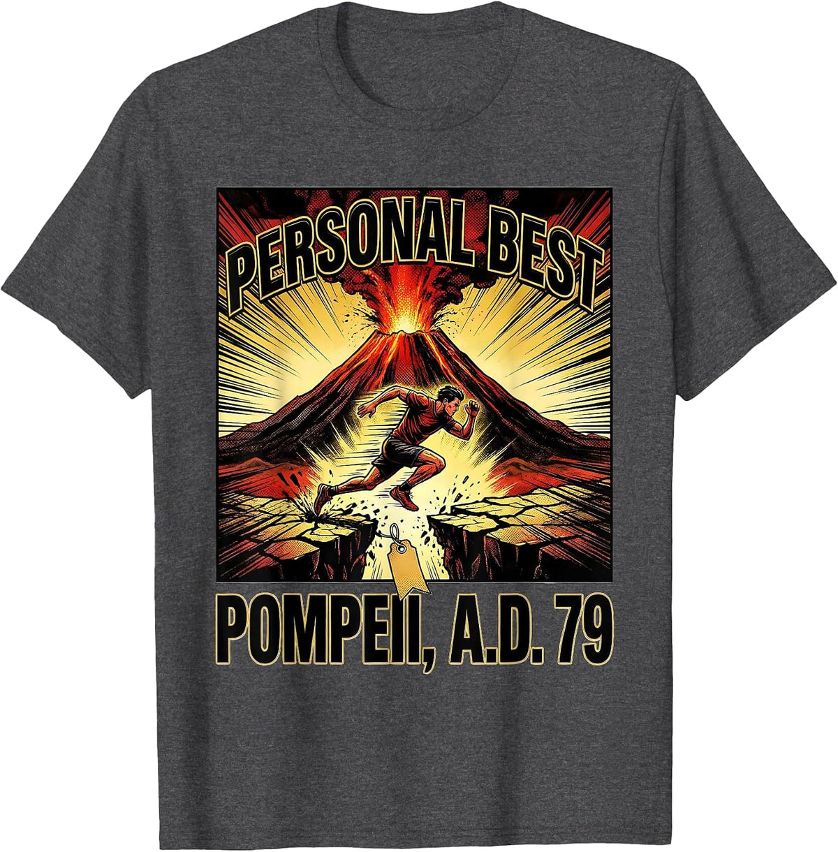Men's Personal Best Pompeii A.D. 79 Comic Book Volcano History T-Shirt - Dark Heather Grey