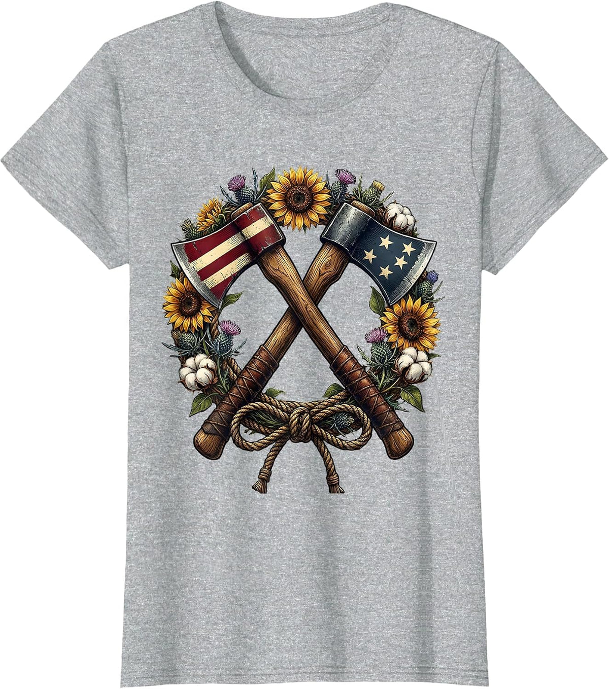 Red White and Blue Crossed Axes Floral Wreath Design T-Shirt - Heather Grey