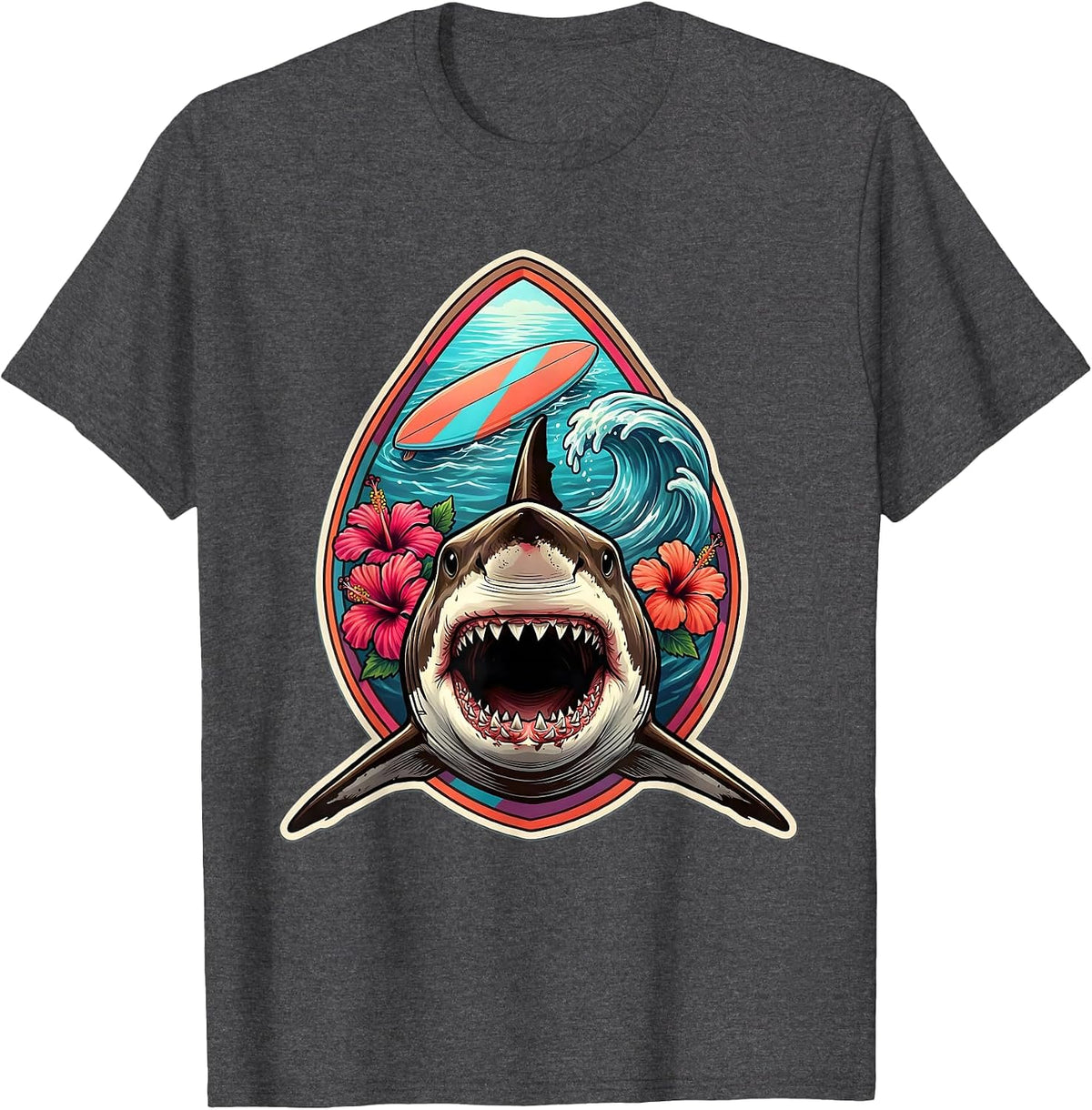 Great White Shark Under Surfboard Hawaii Design T-Shirt - Dark Heather Grey