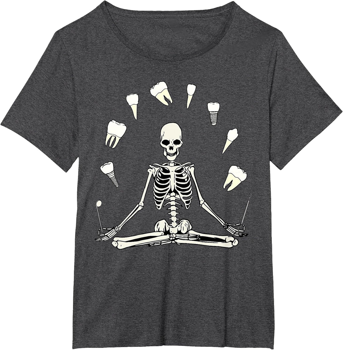 Funny Skeleton Yoga Dental Hygienist Tooth Dentist Halloween T-Shirt - Dark Heather Grey