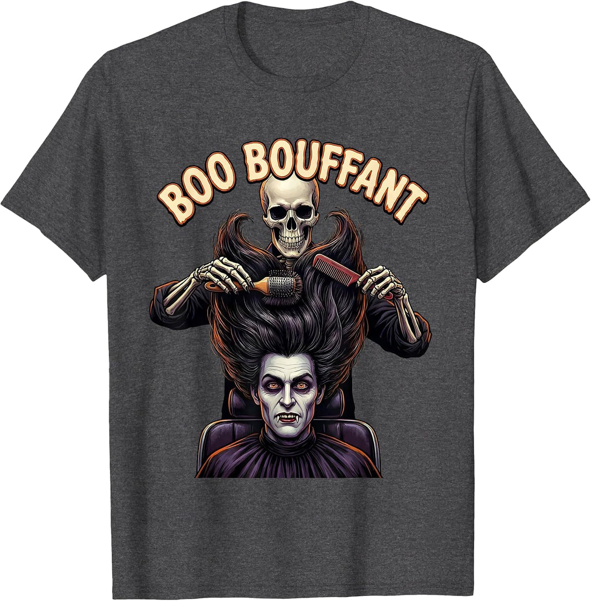 Boo Bouffant Horror Skeleton Hairstylist Halloween Humor T-Shirt - Dark Heather Grey