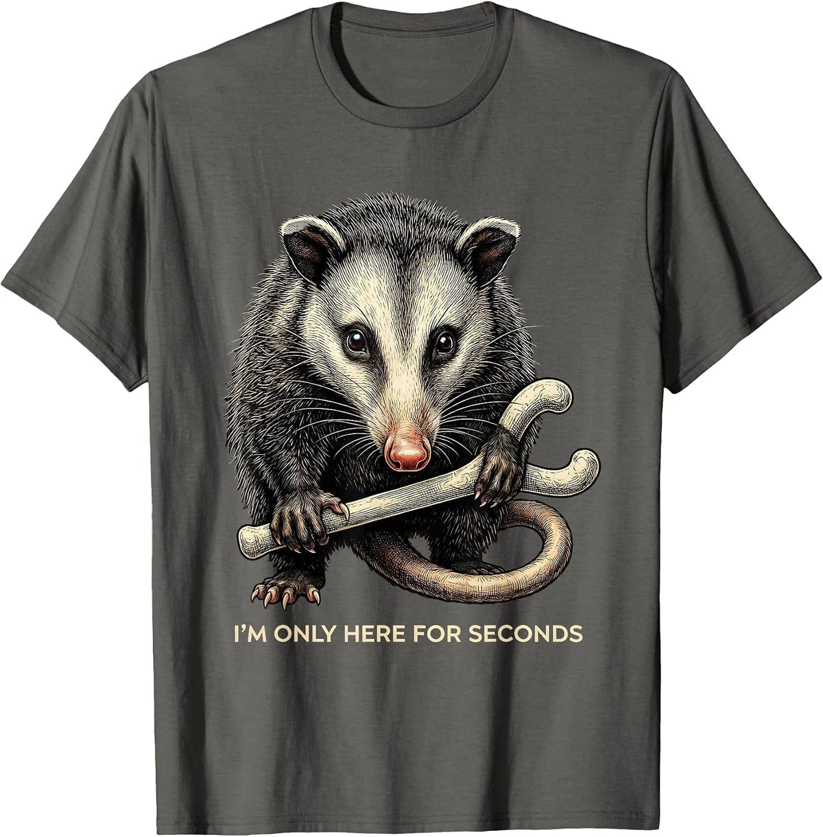Men's I'm Only Here For Seconds Funny Opossum Thanksgiving T-Shirt - Asphalt Grey
