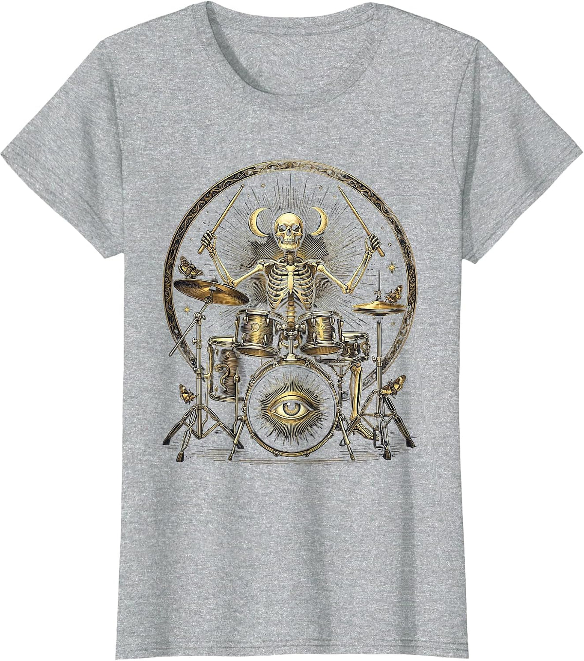 Skeleton Drummer Full Energy Drum Kit Graphic T-Shirt - Heather Grey