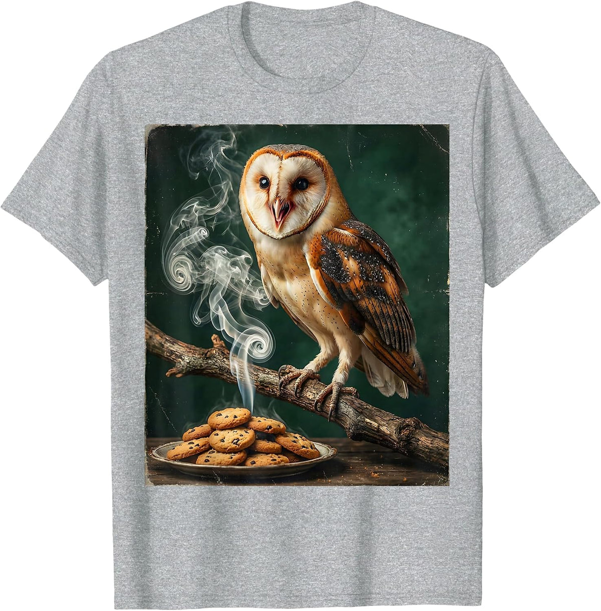 Men's Owl Sniffing Cookie Smoke Funny Halloween Graphic T-Shirt - Heather Grey