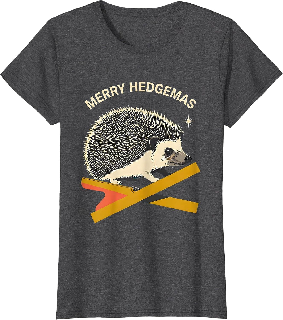 Women's Merry Hedgemas Midcentury Modern Hedgehog Christmas Humor T-Shirt - Dark Heather Grey