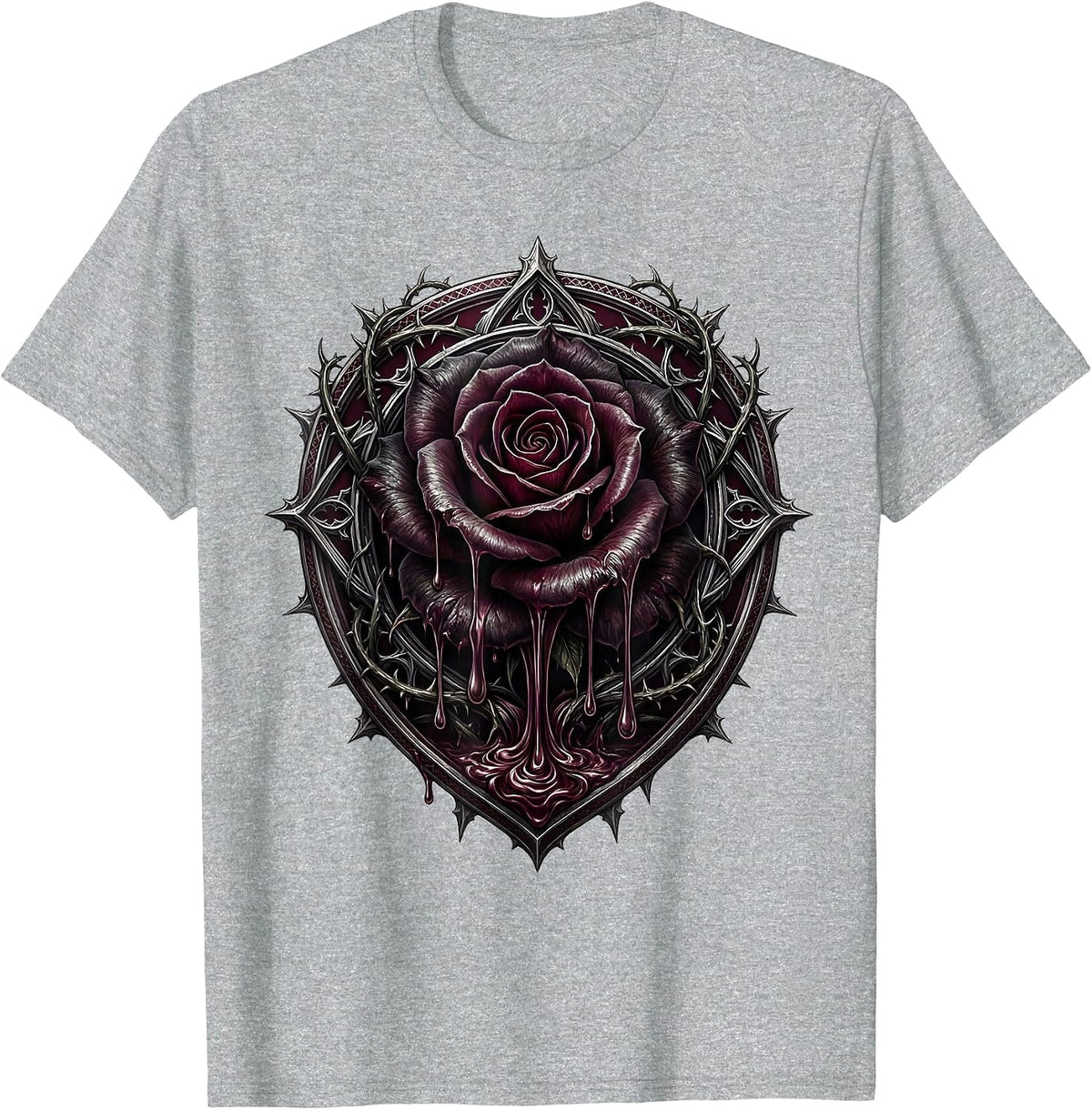 Men's Black Rose Dripping Teardrops Emo Gothic Design T-Shirt - Heather Grey