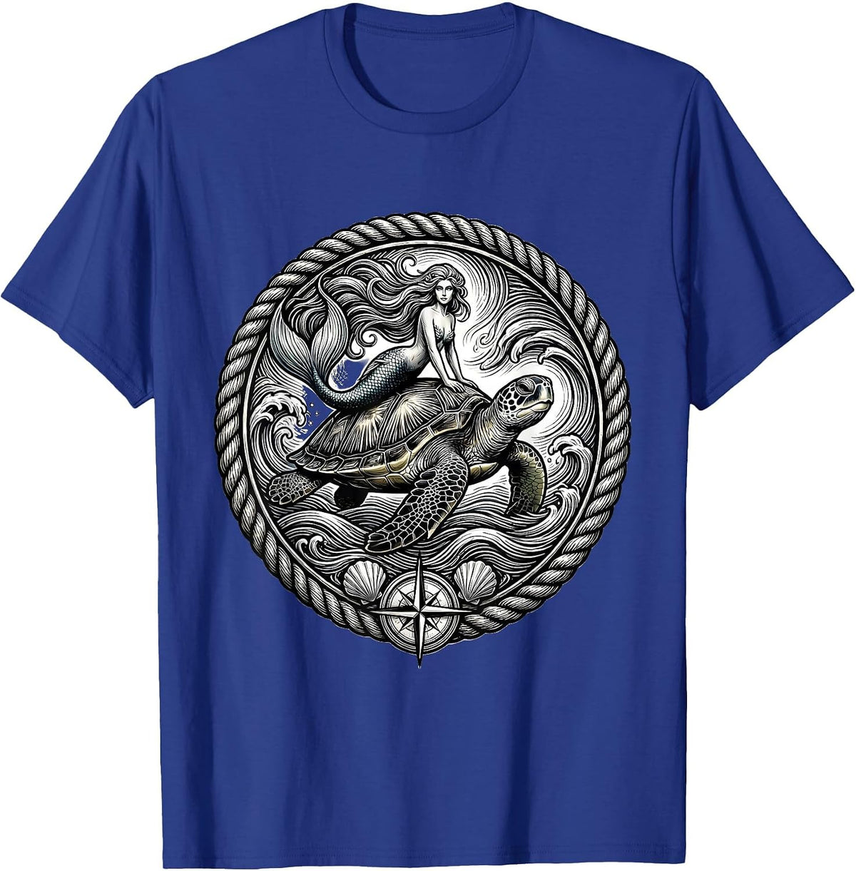 Men's Mermaid Riding Giant Sea Turtle Ocean Waves T-Shirt - Royal Blue