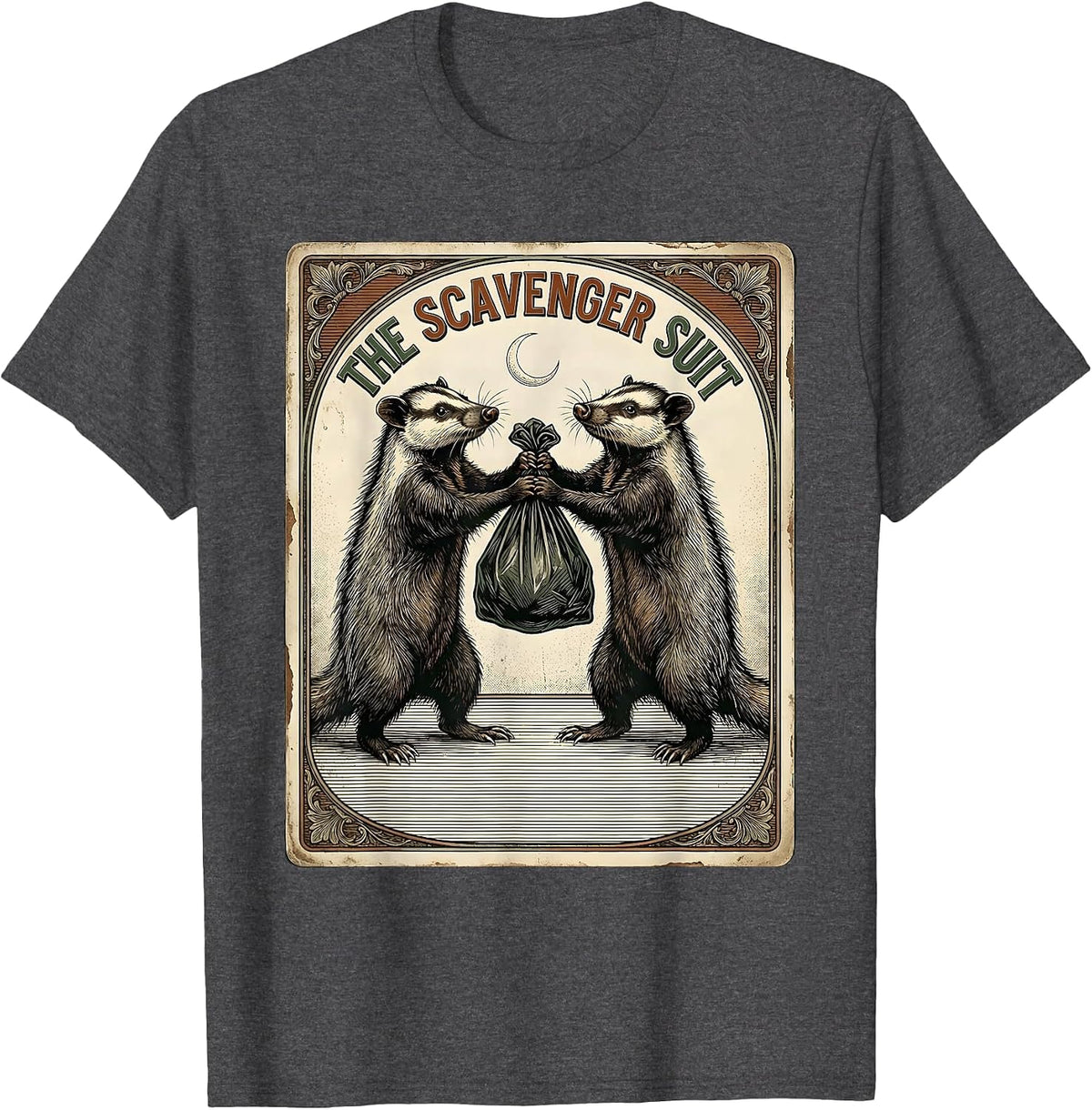 The Scavenger Suit Vintage Occult Tarot Card Opossum Humor T-Shirt - Dark Heather Grey