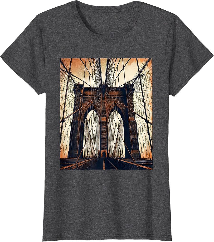 Women's Brooklyn Bridge Dramatic Cable Angle New York T-Shirt - Dark Heather Grey